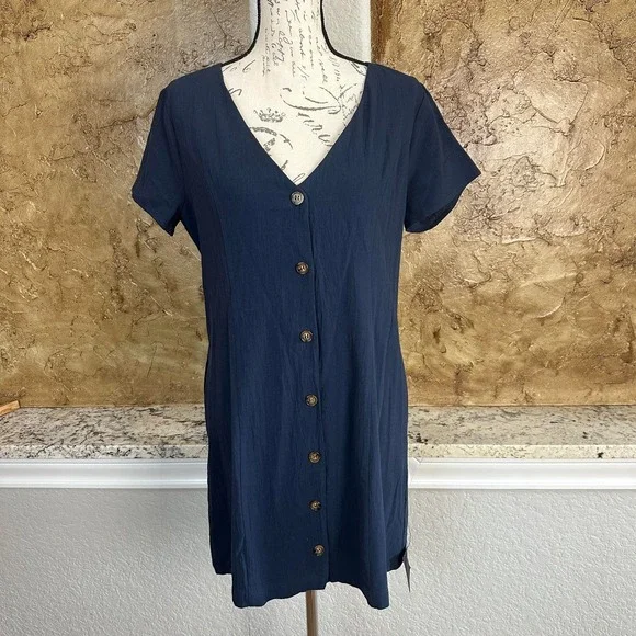 NWT Lulus Everyday Sweetness Mini Dress Large Button Front Pockets Navy Blue - Picture 2 of 11